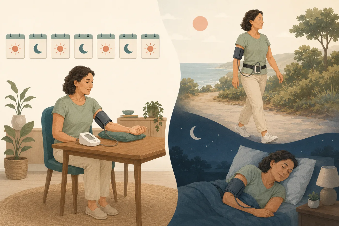 Illustration comparing the two methods: a woman taking a planned blood pressure reading at her table, and the same woman wearing a 24-hour monitor while walking during the day and while asleep at night