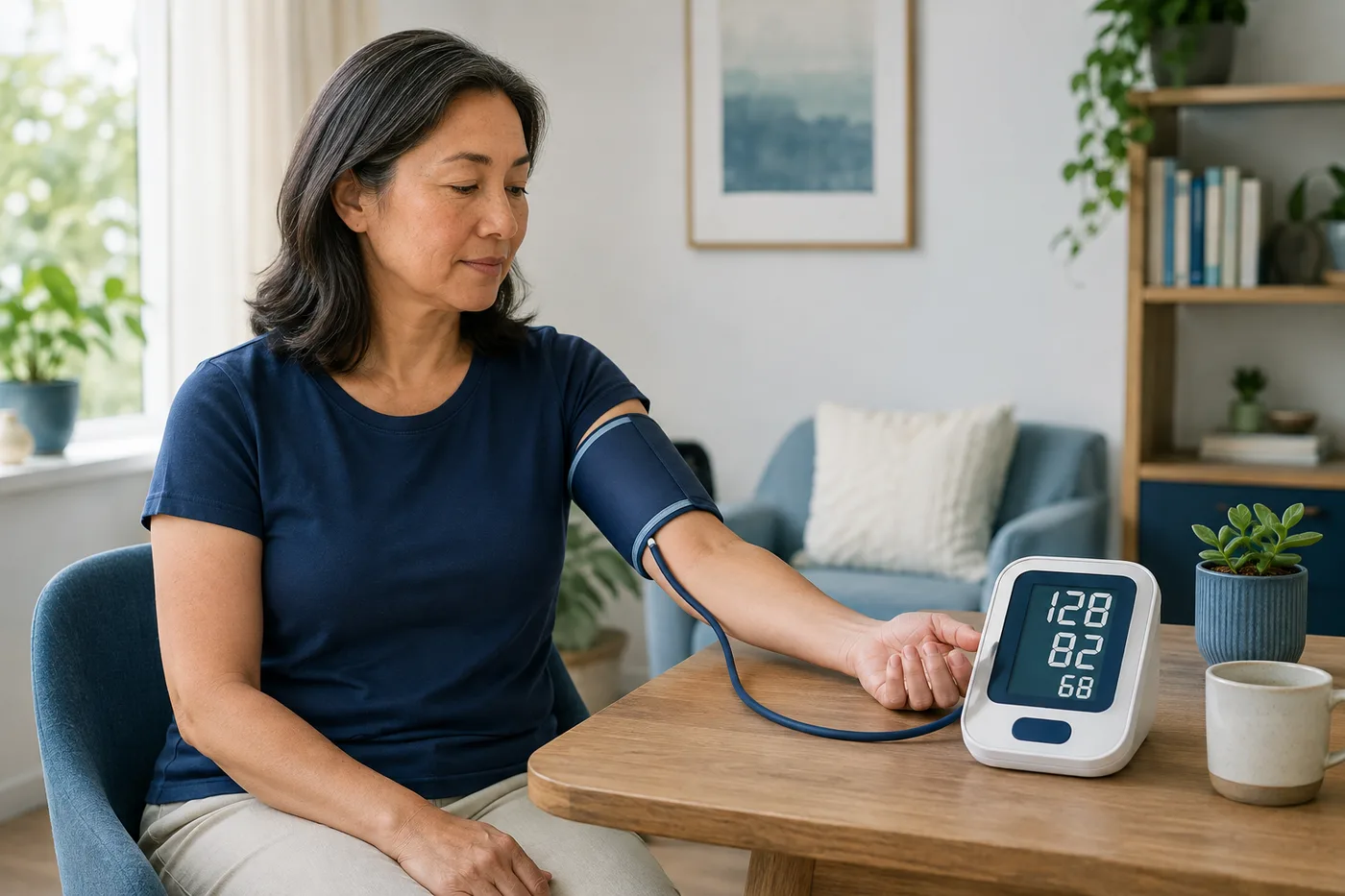 A woman measuring her blood pressure at home with an upper-arm monitor displaying 128 over 82